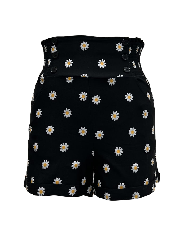 Front of a size 4X Unique Vintage Black Daisy Print Sandy Shorts in Black, Floral by Unique Vintage. | dia_product_style_image_id:288699